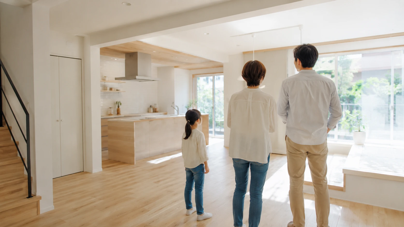 木造住宅の施工現場で天井や構造を見上げながら確認する複数の施工スタッフ