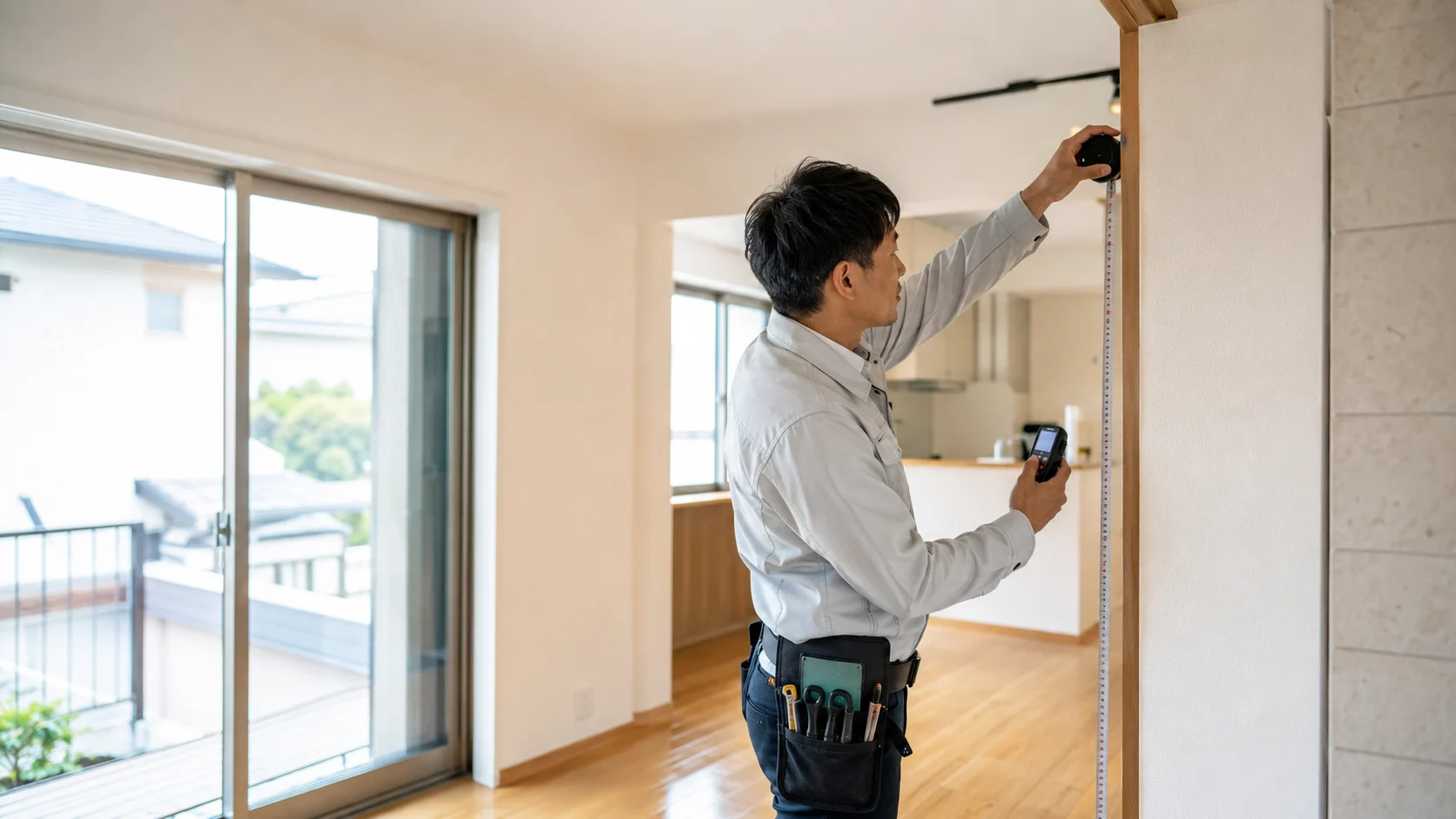 木造住宅の施工現場で天井や構造を見上げながら確認する複数の施工スタッフ