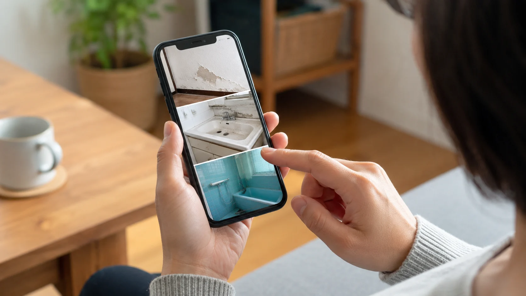 スマートフォンで傷んだ壁や水回りの写真を確認している手元