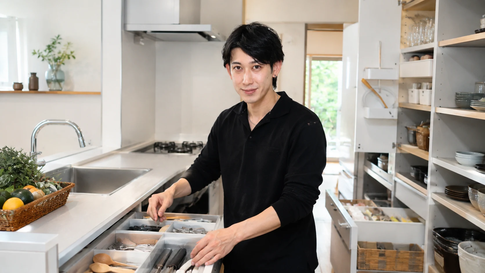 調理器具や家電が置かれ、収納不足を感じる現実的なキッチン
