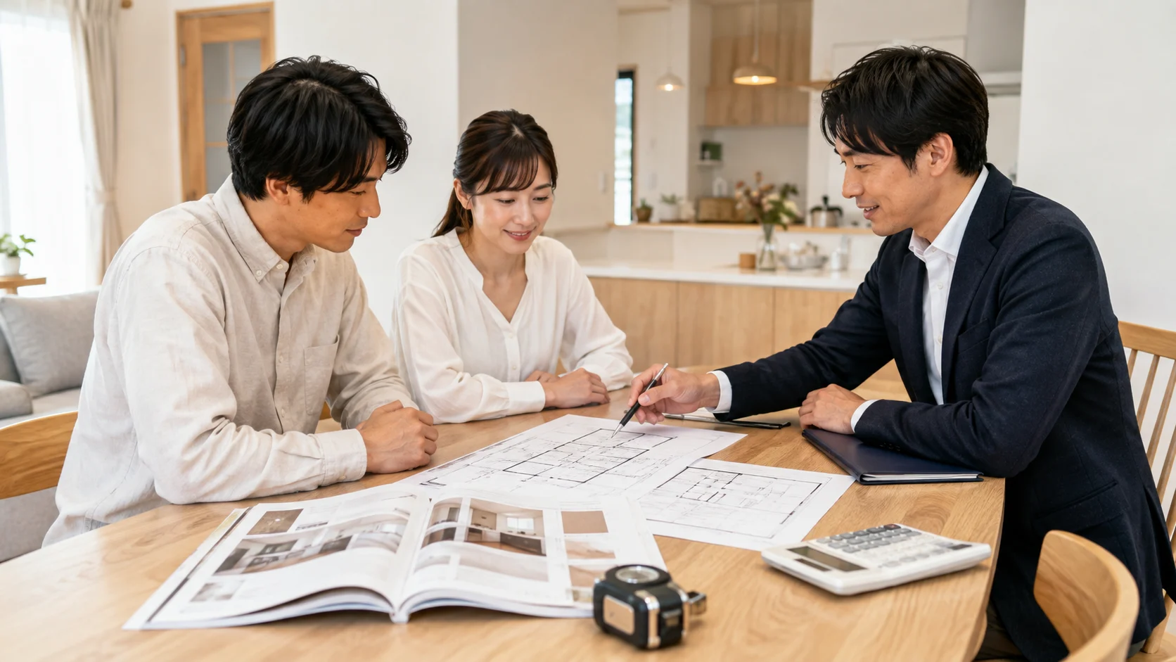 図面や住宅設備カタログ、メジャー、電卓を置いて費用の相談をしている打ち合わせ風景