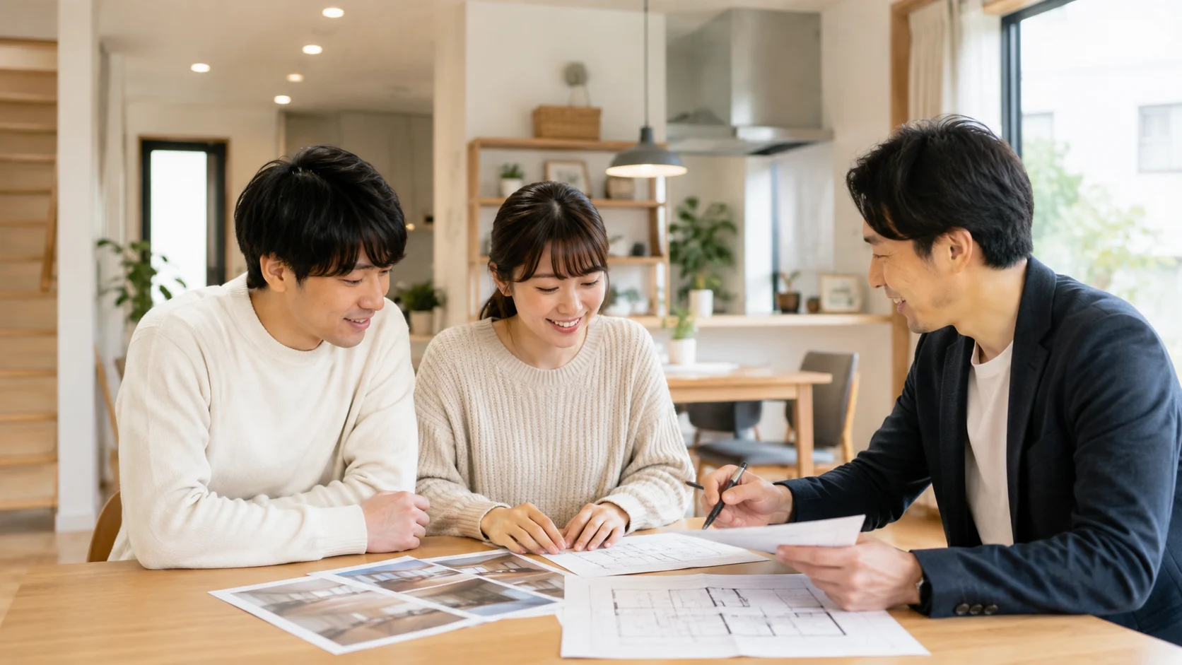 明るい住宅内でご夫婦が住宅写真や図面を見ながら相談している様子