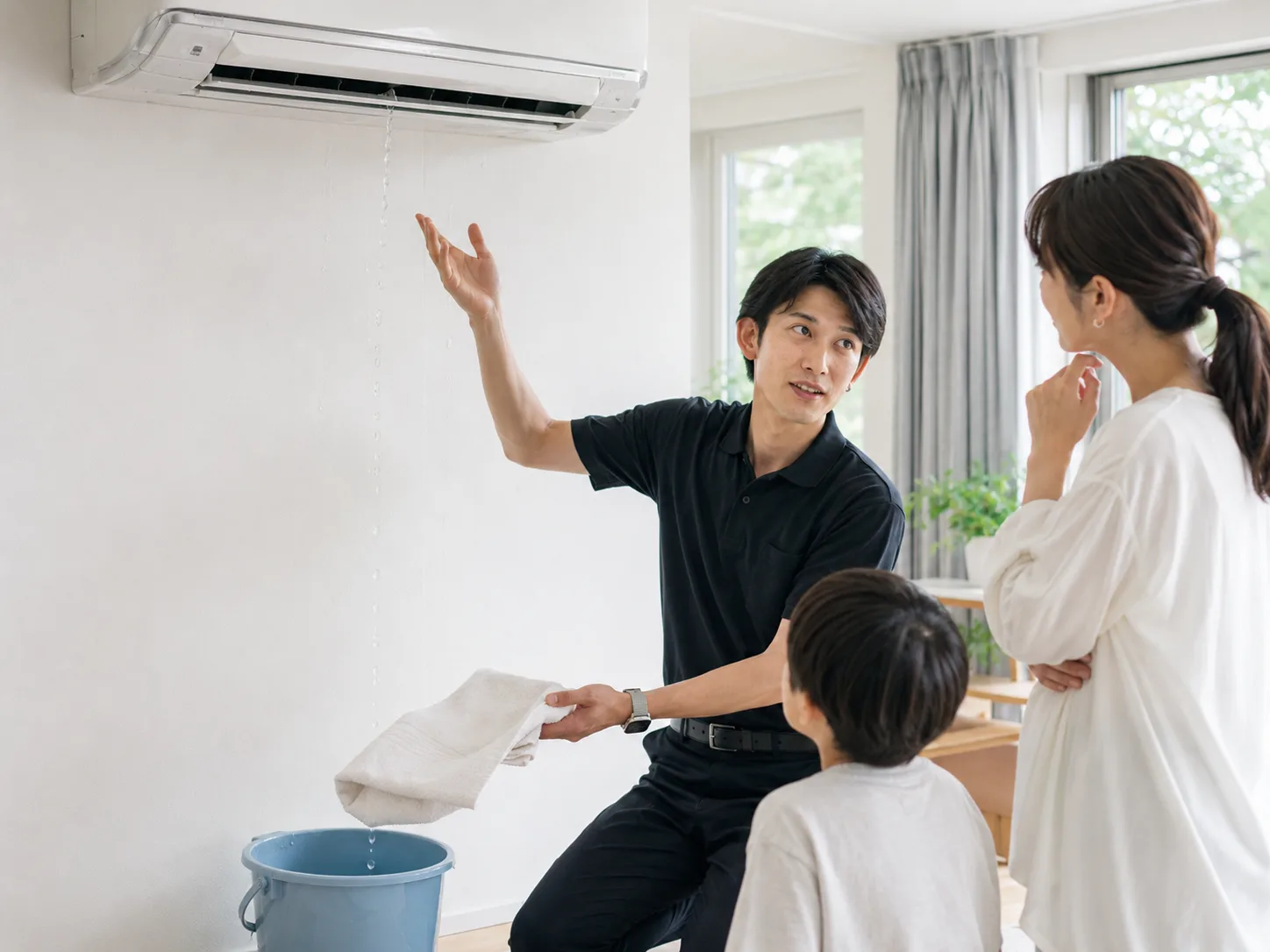 室内機から水が漏れた際にタオルとバケツで床を保護する様子