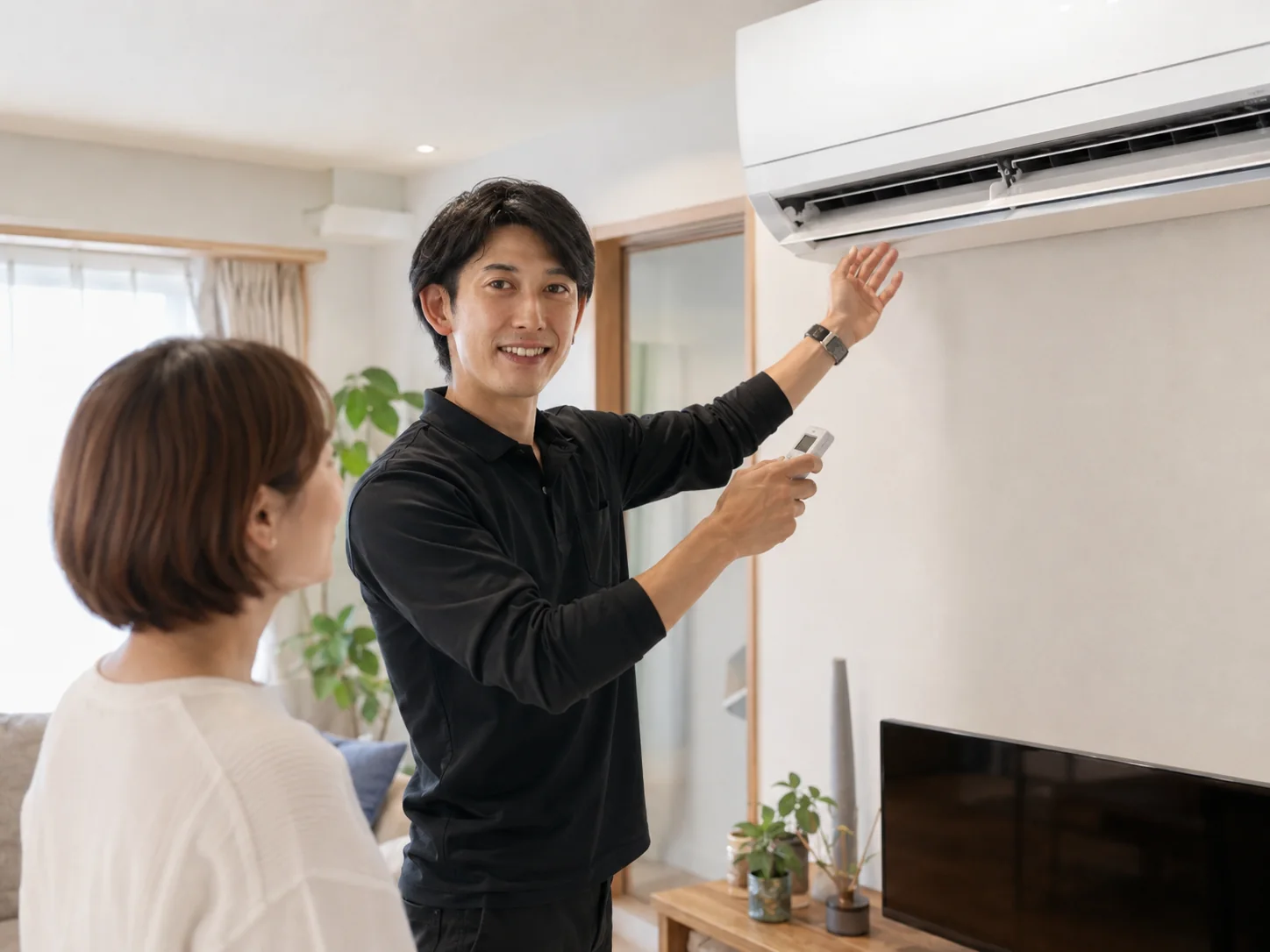 お掃除機能付きエアコンの組み戻し後にリモコンで動作確認するサービスイメージ