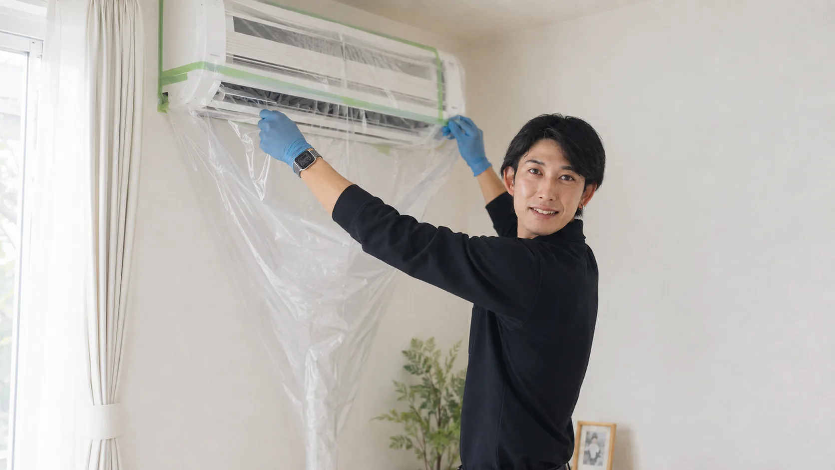 清掃準備・養生を行うClear Link代表 草場優
