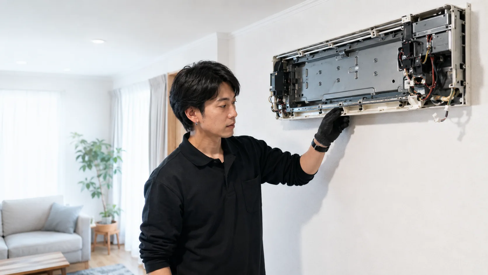 送風ファンとドレンパンを取り外した壁掛けエアコン本体内部の作業イメージ
