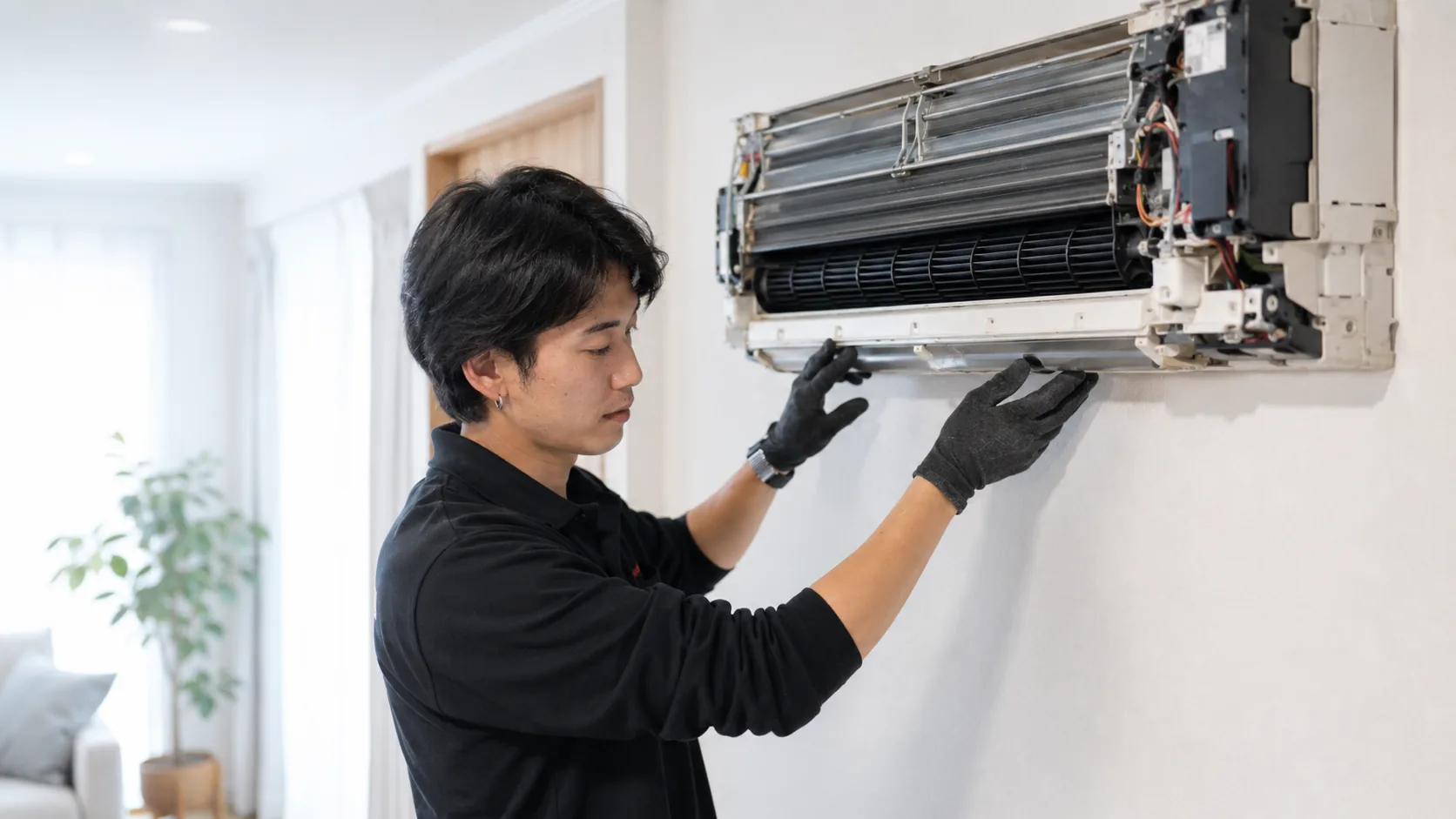 壁に設置した状態で外装部品を取り外したエアコン通常分解洗浄の作業イメージ