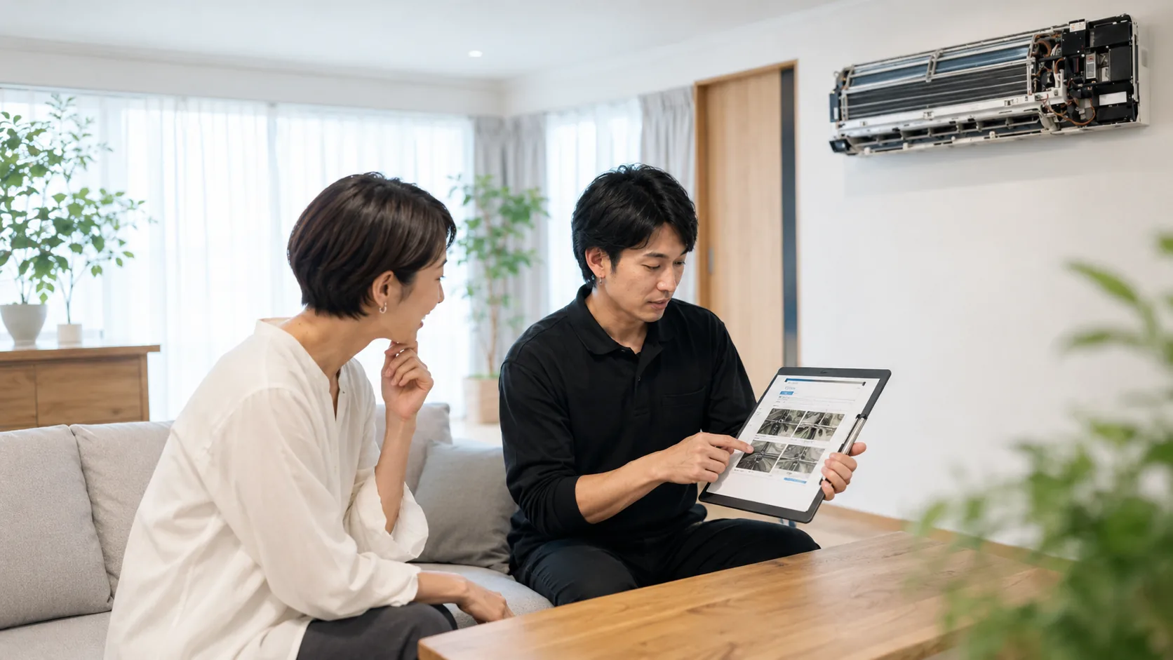 エアコン完全分解洗浄の作業前後写真をお客様へ説明するサービスイメージ