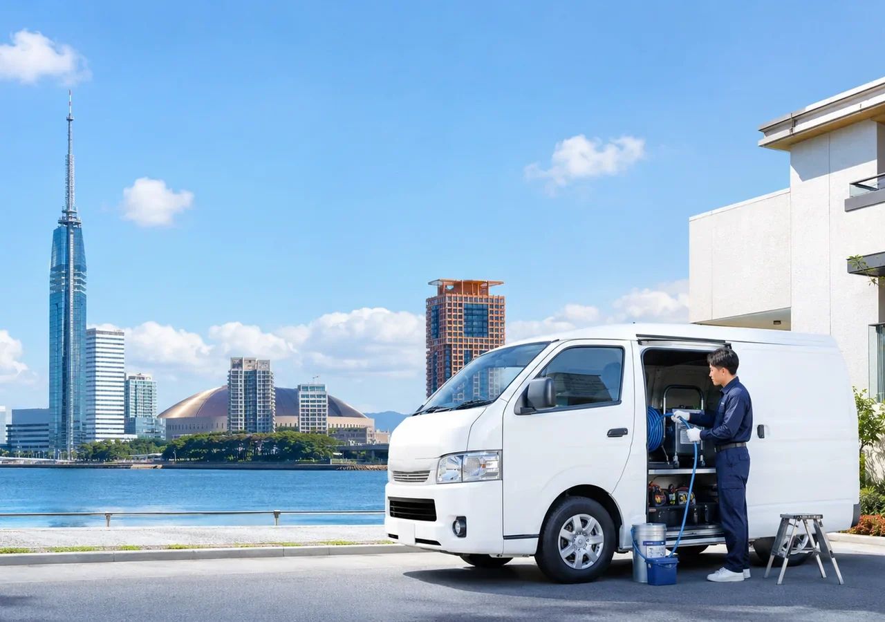 Clear Linkは福岡市内全7区へ訪問 福岡市の街並みを背景に訪問準備をするClear Linkスタッフのサービスイメージ