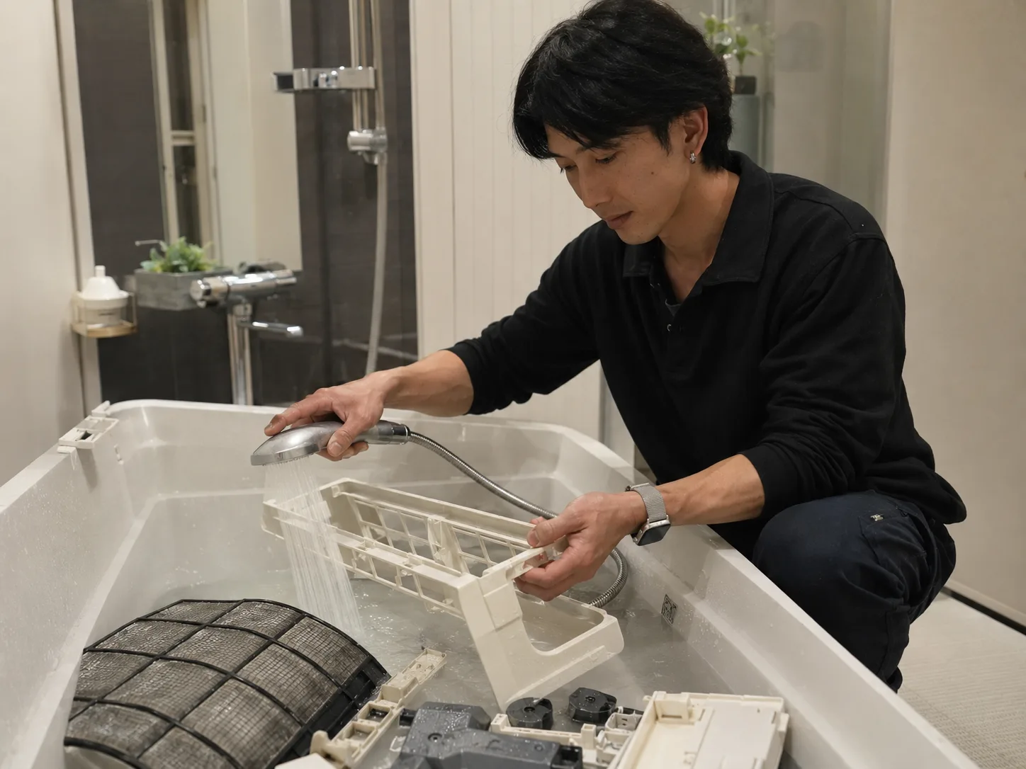 エアコンから取り外した前面パネルとフィルターを洗浄する草場優