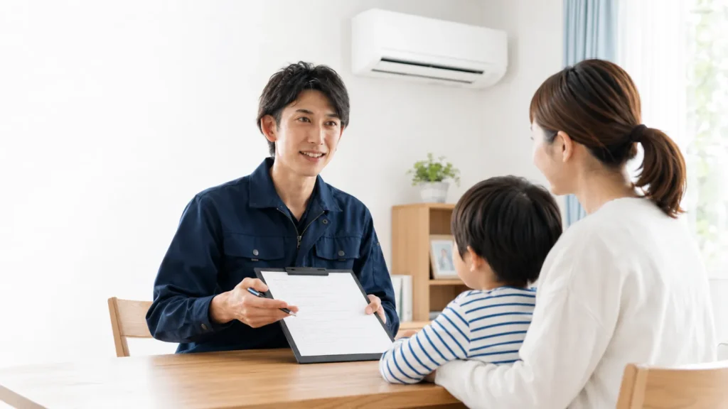 作業前にエアコンクリーニングの内容と料金を家族へ説明するClear Linkスタッフ