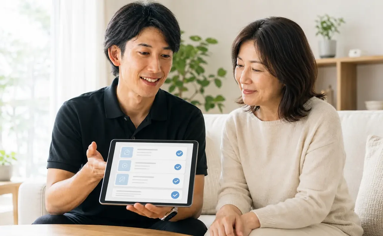作業前にタブレットで料金と作業内容を確認するClear Linkスタッフのサービスイメージ