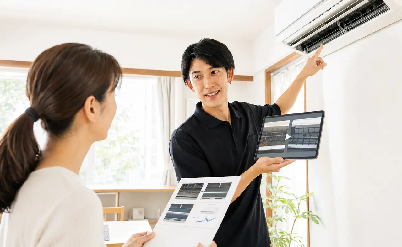 写真付き作業報告書を使って清掃結果を説明するClear Linkスタッフのサービスイメージ